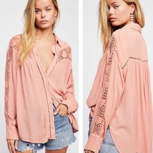 Free People Katie Bird Boho Button Down Blouse Crochet